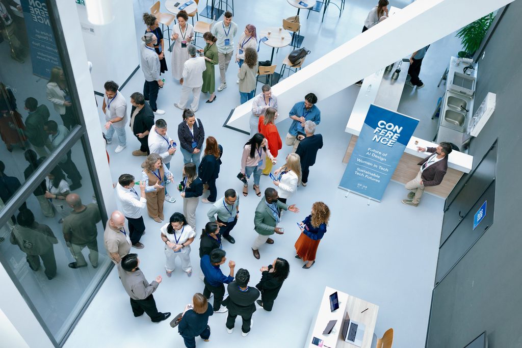 Overhead crowd shot – professionals connecting at event
