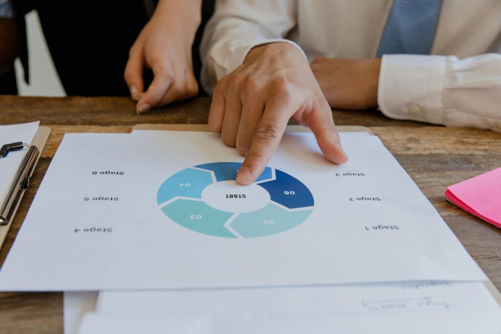 Close up photo of a person pointing at start written on a paper